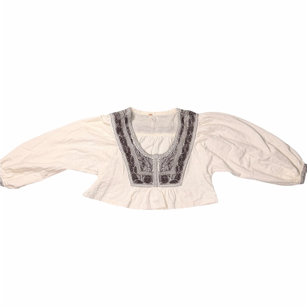 Free People Cream Blouse with  Floral Black Embroidery